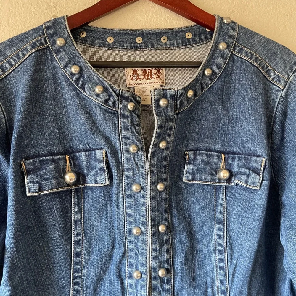 Vintage 80s/90s AMS Womens Denim Jacket Studded 3/4‎ Sleeve Blue Size 1X